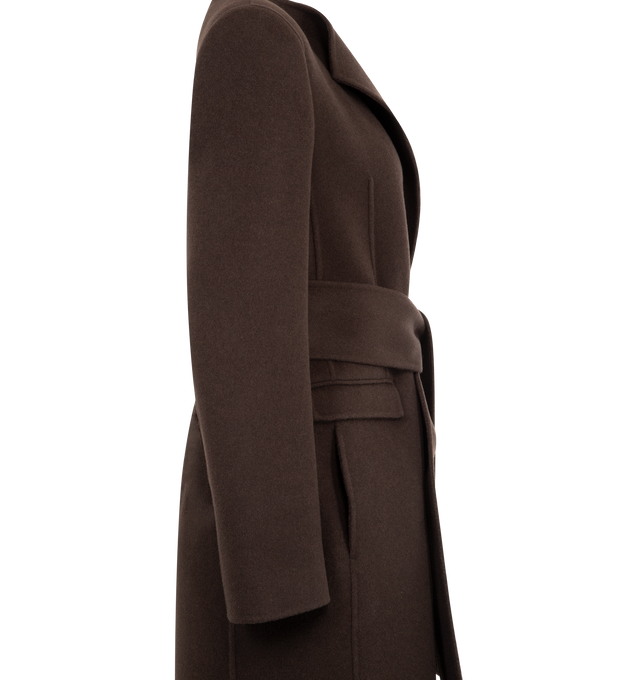 Image 3 of 3 - BROWN - KHAITE Jelson Coat featuring a clean-lined coat in double-faced wool, seam-free collar stand with scarf-like draped effect, wide sash belt, flap pockets at front and cupro twill lining at top. 100% wool. 