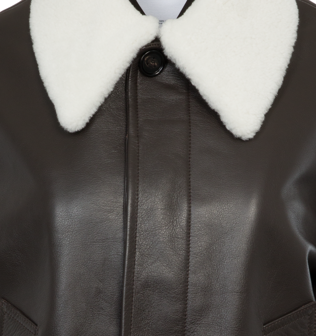 Image 3 of 4 - BLACK - BOTTEGA VENETA Removable Shearling Collared Jacket featuring covered button closure, two front pockets and removable fur collar. 100% cowhide leather. 100% lamb fur. 