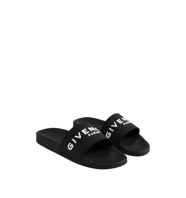 Image 2 of 4 - BLACK - GIVENCHY Logo Pool Slide Sandals featuring flat heel, open toe, one-band upper, molded footbed, easy slide style and 1" rubber sole. Made in Italy. 