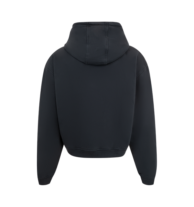 Image 2 of 2 - BLACK - Rhude University long sleeve French terry hooded sweatshirt with Rhude University graphics printed at front, embroidered R crest patch at chest, with a clean back. Featuring a kangaroo front pocket and dropped shoulders. 100% COTTON.  