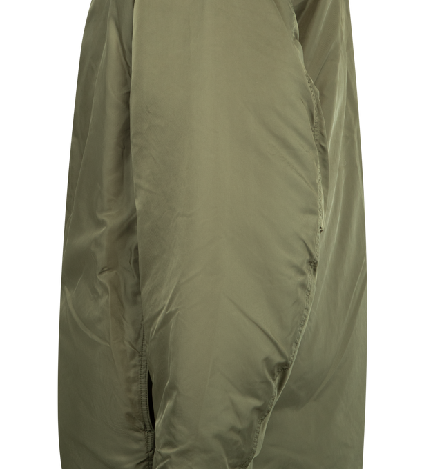 Image 4 of 4 - GREEN - VISVIM Greely Corps Down Parka featuring twill nylon woven down jacket, damaged finish, white goose down fill, custom water buffalo buttons, military label detail, flap button chest patch pocket and hood. 100% nylon. 