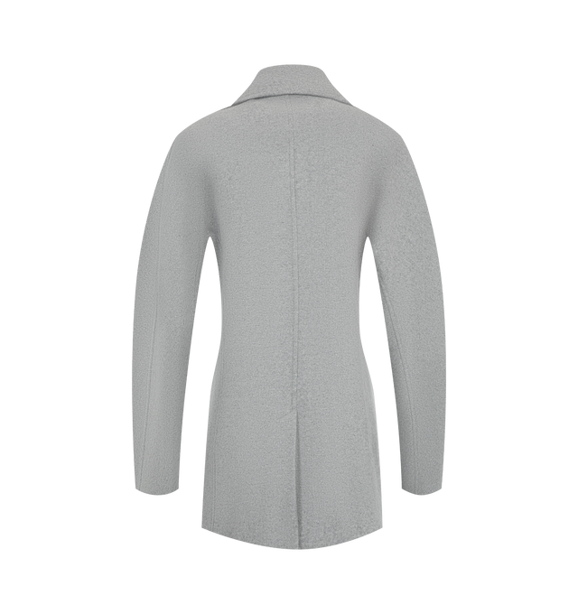 Image 2 of 3 - GREY - Toteme Women's Rounded Peacoat is crafted from a substantial wool and cashmere blend and features rounded sleeves that create a sculptural, cocooning silhouette. Designed in an oversized fit with long sleeves, this designer coat features a double-breasted construction, two pockets, and a fully lined interior, falling at the top of the thigh for a modern proportion. Main Material: 49% RWS Wool, 24% Recycled GRS Wool, 22% Recycled GRS Polyamide, 5% Recycled GRS Cashmere. Lining: 100% Vis 