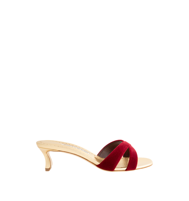 Image 1 of 4 - RED - Manolo Blahnik Women's Callydramu kitten heeled sandals are crafted from dark red velvet and gold nappa leather and feature an open-toe silhouette with crossover front straps and a sculptural 50mm angular heel. These designer heeled sandals combine luxurious Italian craftsmanship with elegant color contrast, making them a sophisticated choice for special occasions and evening wear. Main Material: 95% Velvet, 5% Lamb Nappa Leather. Lining: 100% Kid Leather. Sole: 100% Calf Leather. Heel  