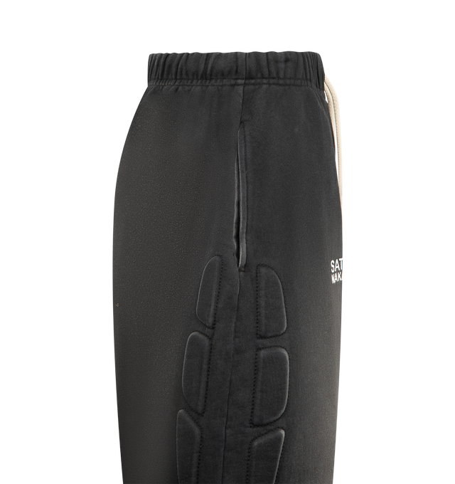 Image 3 of 3 - BLACK - SATOSHI NAKAMOTO Enduro Sweatpant featuring a heavyweight cotton jersey, elasticated waist with drawstring, 3-pocket styling, logo graphic at the front and geometric padded detailing along the outseams. 100% cotton. Made in USA. 