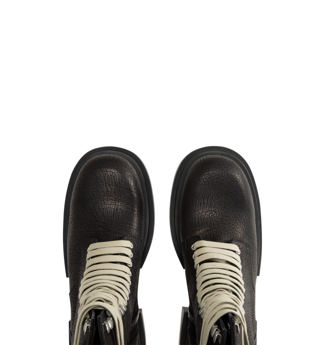 Image 4 of 4 - BLACK - Rick Owens Men's lace-up Bogun boots crafted from washed calf leather. Mid-calf height, rounded toe style featuring a zipper on the leg for easy fastening, eyelets and hooks with long laces that wrap around the ankle and a back pull tab. Rubber mega creeper sole with toothed square 6cm high heel. 100% calf leather upper, lining and insole. Thermoplatic polyurethane sole.  Made in Italy. 