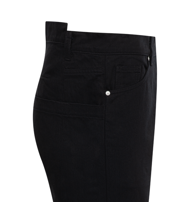 Image 3 of 3 - BLACK - B1 ARCHIVE Shitted Kickflare Jeans featuring flare hem, distressed front, brand patch, zipper and button closure. 100% cotton. 