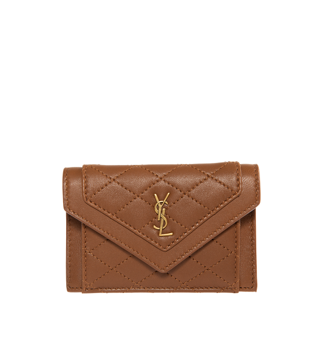 BROWN - SAINT LAURENT Gaby Flap Card Case in Quilted Lambskin featuring flap front pocket and diamond quilted overstitching. 4.1 X 3 X 0.6 inches. 100% lambskin. Made in Italy.