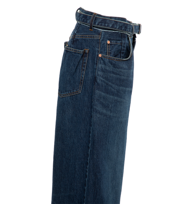 Image 3 of 4 - BLUE - SACAI Wide Denim Pants featuring relaxed fit, full length, adjustable belt and topstitching. 100% cotton.  