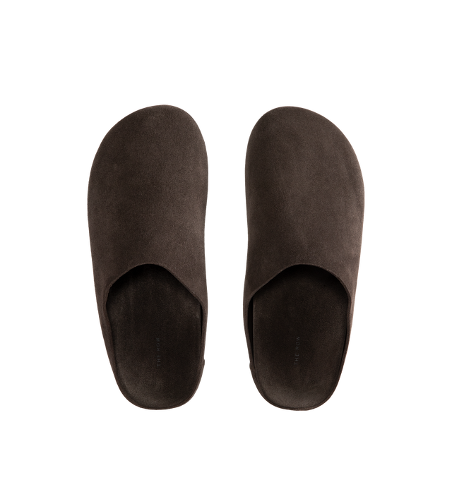 Image 4 of 4 - BROWN - The Row Women's Hudson Slide in Suede featuring relaxed slip-on shoe in natural suede with round toe, contoured footbed, and rubber sole. 100% calfskin leather. Rubber sole. Made in Italy. 