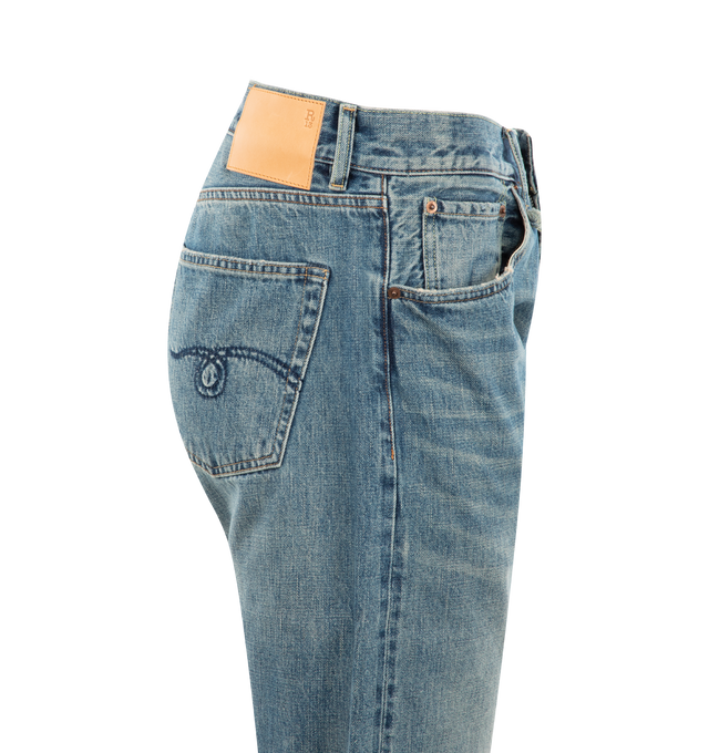 Image 2 of 2 - BLUE - R13 Cuffed X-BF Jeans featuring wide-leg non-stretch denim, fading, whiskering, and subtle distressing throughout, belt loops, five-pocket styling, zip-fly, folled cuffs and leather logo patch at back waistband. 100% cotton. 