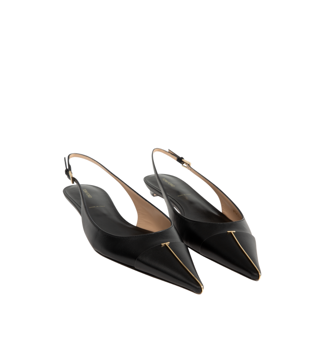Image 2 of 4 - BLACK - Tom Ford Womens Thea Slingback Ballerina Flats are crafted from shiny goatskin leather. Feature a pointed toe with signature pale gold-tone T metal detail, adjustable slingback strap, leather sole, and 1.5 cm heel. Main Material: 100% Goatskin Leather; Sole: Leather. Made in Italy. 