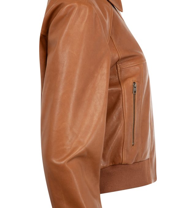 Image 3 of 3 - BROWN - NILI LOTAN Sue Leather Bomber Jacket featuring ibbed trim at cuffs and bottom, zip front closure, classic collar and zip front pockets. 100% leather.  