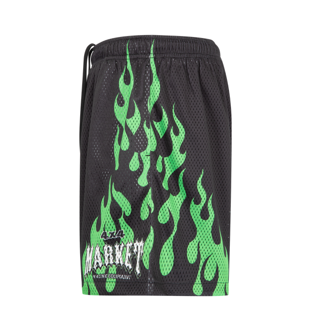 Image 3 of 3 - BLACK - MARKET Toxic Flames Mesh Shorts featuring soft, breathable mesh, color-pop flames up the sides of shorts, mid-thigh length, elastic waist with internal drawcord, side-seam pockets and back welt pocket. 100% polyester. 