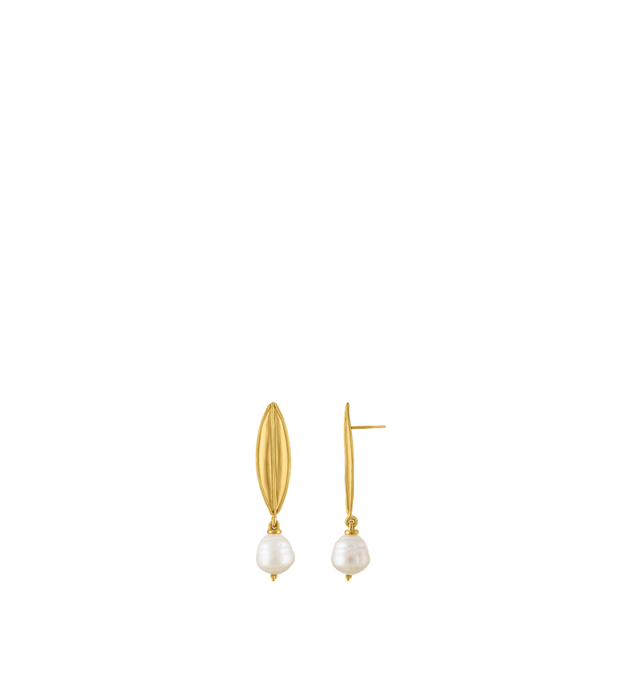 Image 2 of 2 - GOLD - Prounis South Sea Pearl Drop Earrings are handcrafted from 22K yellow gold and feature elongated laurel leaf-inspired silhouettes accented with South Sea pearls. Dimensions: 50 mm x 10 mm. Handmade in New York. For personal consultation and detailed information about jewelry, please contact our dedicated stylist team at personalshopping@hirshleifers.com.This item may be restricted for online purchase to international clients. For assistance purchasing this item please contact our dedic 
