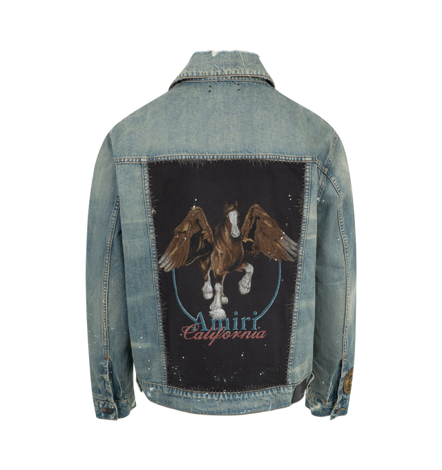 Image 2 of 3 - BLUE - Amiri Vintage Pegasus Trucker Jacket has a classic collar, a button front closure, patch appliques, snap flap chest pockets, side pockets, and overall fading and distressing. 100% cotton. Made in USA.  