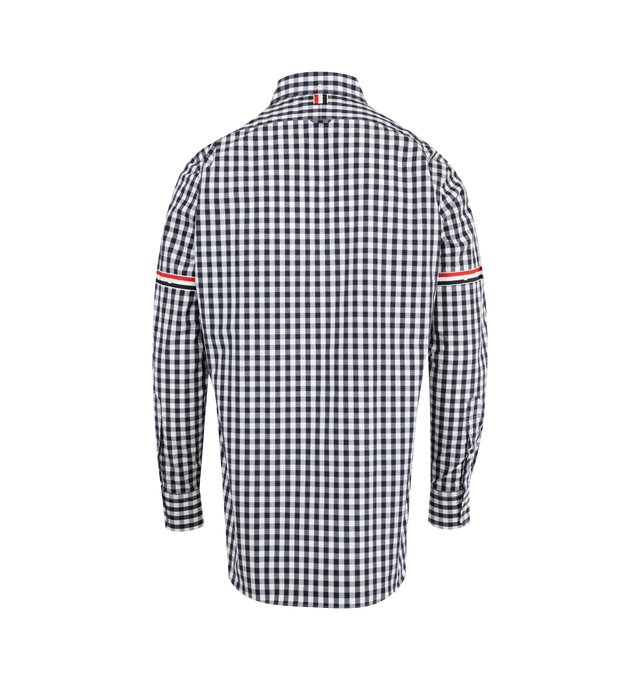Image 2 of 2 - NAVY - THOM BROWNE Gingham Check Armband Shirt featuring signature grosgrain armbands, iconic name tag applique, front button closure, chest patch pocket, pleated back yoke with locker loop and signature striped grosgrain loop tab. 100% cotton. Made in Italy. 