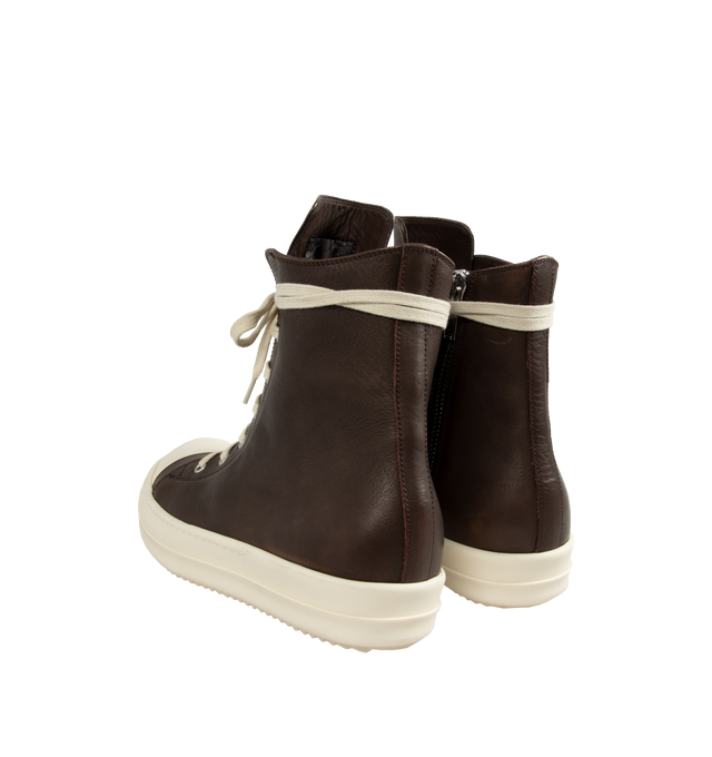 Image 3 of 5 - BROWN - Rick Owens High Sneakers featuring high-top buffed calfskin, calfskin cap toe, lace-up closure, zip closure at inner side, eyelets vents at inner side, buffed calfskin lining and treaded rubber sole. Calfskin. Sole: rubber. Made in Italy. 