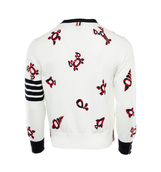 Image 2 of 3 - WHITE - THOM BROWNE Gem Icons Cardigan featuring patterned intarsia knit, v-neck, front button fastening, two front patch pockets, long sleeves, signature 4-Bar stripe and ribbed cuffs and hem. 100% cotton. 