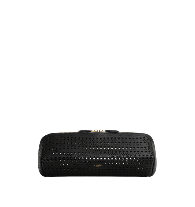 Image 1 of 1 - BLACK - Alaa Delta clutch crafted in perforated Vienne calfskin leather. The sculptural design features an elongated silhouette with sharp square lines, a double zip closure, and hand-carry styling, showcasing the house's signature perforated leather craftsmanship. Dimensions: 31 x 12 x 9 cm. This clutch comfortably fits essentials such as a phone, card holder, keys, sunglasses, and small beauty items, with additional room for compact accessories. Made in Italy. 