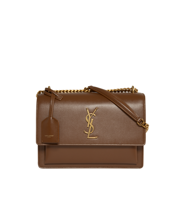 BROWN - SAINT LAURENT Sunset Monogram Envelope Bag has a chain shoulder strap, gold-tone hardware, and magnetic snap closure. 8 X 6.2 X 2.5 inches. 100% calfskin leather. Made in Italy. 