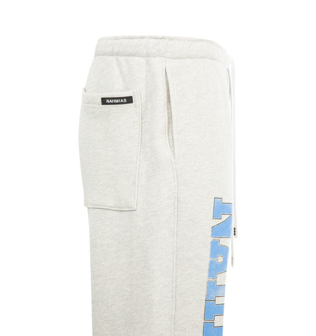 Image 3 of 3 - GREY - NAHMIAS Competition Wide Sweatpants featuring screen print on front, bungee cord at leg opening and elastic waist with drawstring. 100% cotton.  