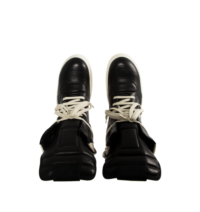 Image 5 of 5 - BLACK - Rick Owens Geobasket Sneakers (Mens) are a high-top lace-up style with padded collars, perforated details at the toes, zip closures at the inner sides, and treaded rubber soles. Calfskin uppers. Made in Italy.  