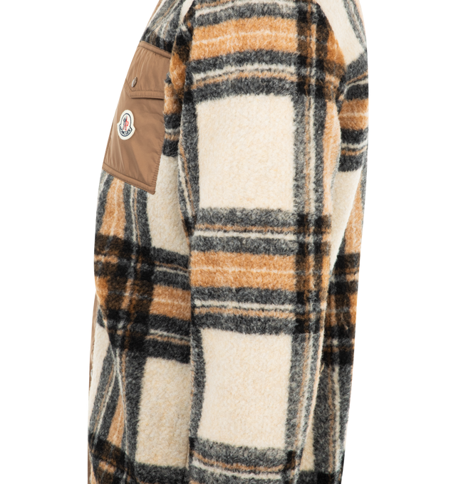 Image 3 of 3 - BROWN - Moncler Zip Front Cardigan has a check pattern, front zip, and snap closure. It also has nylon patch pockets, and a logo patch, and is crafted from soft teddy material. 100% polyester. Made in Romania.  