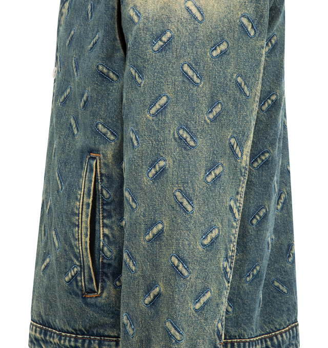 Image 3 of 3 - BLUE - WHO DECIDES WAR Thread Plate Jacket featuring a traditional trucker fit, sewn with an embossed thread plate pattern throughout, button front closure, collar and button cuffs. 100% cotton.  