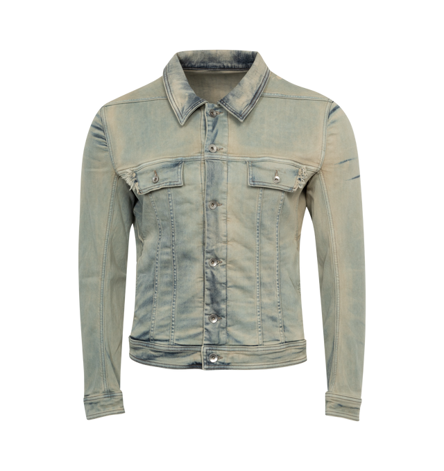 BLUE - DARK SHADOW Trucker Jacket featuring front button closure, button cuffs, side adjustable button tabs at hem, stonewashed and two breast button flap pockets. 91% cotton, 6% elastomultiestere, 3% elastodiene. Made in Italy.