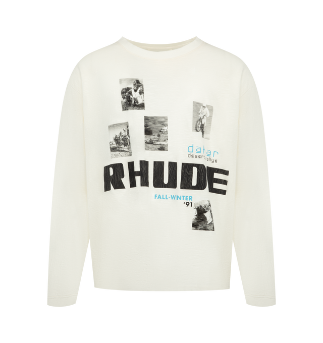 Image 1 of 2 - WHITE - Rhude Mens Long Sleeve Graphic T-Shirt is crafted from cotton jersey. Features a crew neck, long sleeves, dropped shoulders, relaxed fit, and Rhude graphic artwork on the front. Main Material: 100% Cotton. Made in the USA. 