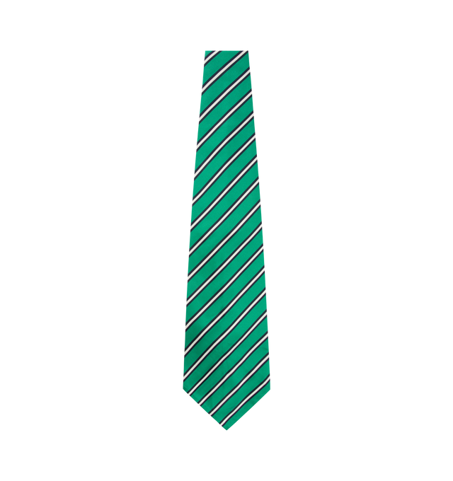 Image 2 of 3 - GREEN - THOM BROWNE Silk Cotton Mogador Tricolor Wide Tie featuring RWB grosgrain trim, name tag appliqu and tricolor stripe. 56% silk, 44% cotton. Made in Italy. 