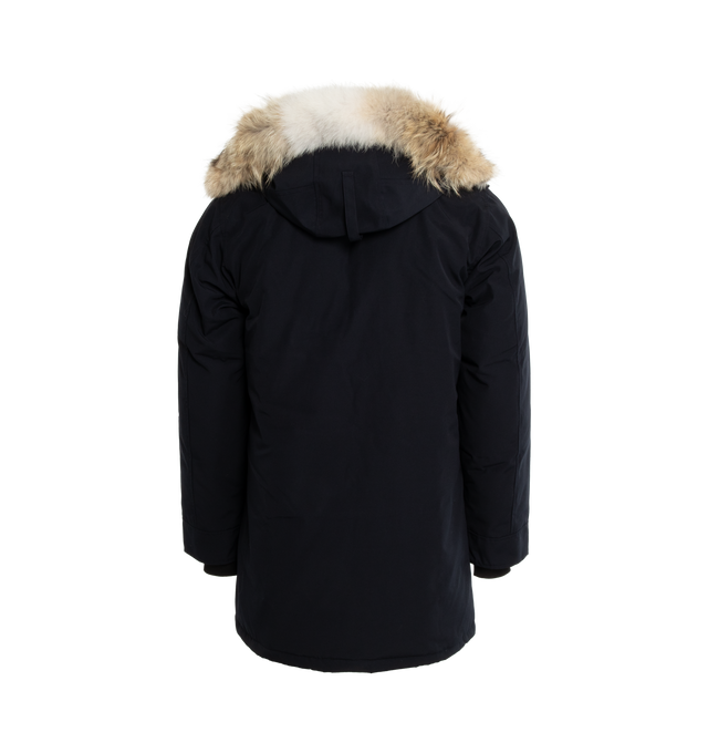 Image 2 of 3 - NAVY - CANADA GOOSE Langford Parka featuring hidden dual zip and velcro front closures, side welt pockets, front flap pockets and removable fur trim. 85% poly, 15% cotton. Lining: 100% nylon. Filling: 100% white duck down. Padding: 100% poly. Trim: 100% real natural whole coyote fur. 