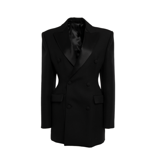 BLACK - WARDROBE.NYC Sculpted Blazer Dress crafted from heavyweight, non-stretch suiting wool. Features tonal satin peaked lapels, long sleeves with button cuffs, padded shoulders, double-breasted silhouette with button placket and flap front pockets. 100% virgin wool shell with 100% silk trim and 70% acetate/30% cupro lining.