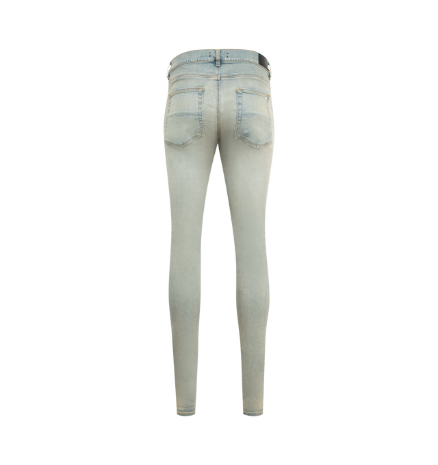 Image 2 of 3 - BLUE - AMIRI MX1 Ultrasuede Jeans featuring Italian stretch denim, hand-distressed and repaired with pleated suede, five-pocket detailing and zip fly with button closure. 92% cotton, 6% elastomultiester, 2% elastane. Made in the USA. 