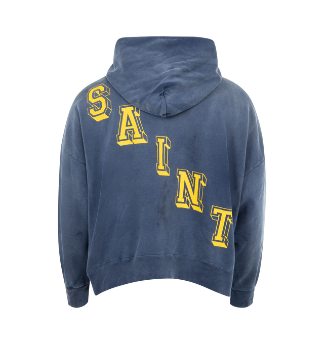 Image 2 of 2 - NAVY - Saint Michael Angel Hoodie has a kangaroo pocket, ribbed cuffs and hem, vintage treatment, and front and back graphics. 100% cotton. Made in Japan.  