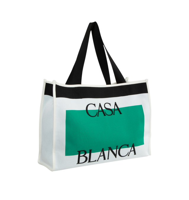 Image 2 of 3 - GREEN - CASABLANCA Knitted Shopper Tote featuring jacquard knit, buffed leather trim throughout, webbing shoulder straps, logo embroidered at face and back face, patch pocket at interior and unlined. H13" x W19" x D6". 100% polyester. Trim: 100% leather. Made in China. 