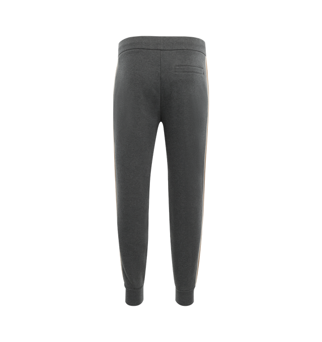 Image 2 of 3 - GREY - MONCLER COLOR BLOCK SWEATPANTS featuring contrasting-colored fabric back, fabric back side bands, nylon piping, waistband with drawstring fastening, side and back welt pockets, logo lettering and debossed leather logo. 80% cotton, 20% polyester. 