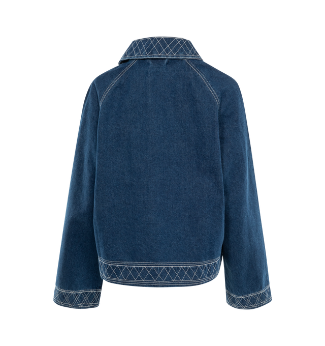 Image 2 of 2 - BLUE - BODE Embroidered Denim Quincy Jacket featuring embroidery and smocking details, monogrammed with "Bode" and trimmed with oversized red buttons and elongated fit. 100% cotton. Made in India. 