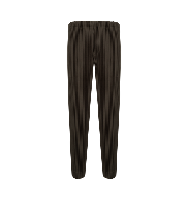 Image 1 of 3 - BROWN - Issey Miyake Mens Straight Pants are crafted from lightweight polyester. Feature a straight-leg silhouette, elasticized drawstring waistband, button fly, side pockets, quick-drying fabric, and light-reactive finish that creates a dimensional appearance. Main Material: 100% Polyester. Made in Japan. 