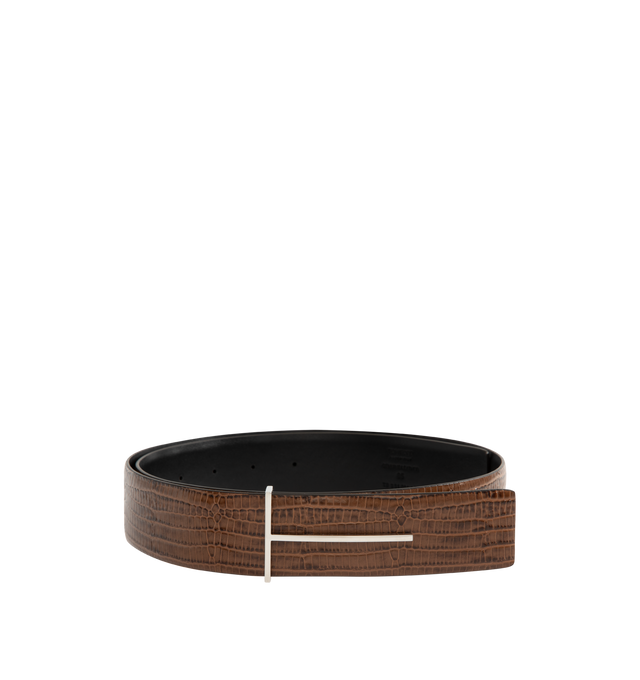 Image 1 of 2 - BROWN - TOM FORD Printed Tejus Reversible T Belt featuring printed tejus leather, a sliding T buckle and reversible construction in printed tejus and smooth leather. 100% calfskin. Made in Italy. 