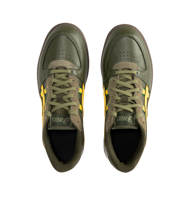 Image 5 of 5 - GREEN - ASICS Skyhand OG Sneakers featuring calf suede, logo-embellished side panels, logo-embroidered tongue, embroidered logo to the rear, round toe, front lace-up fastening, EVA midsole and flat rubber sole. 