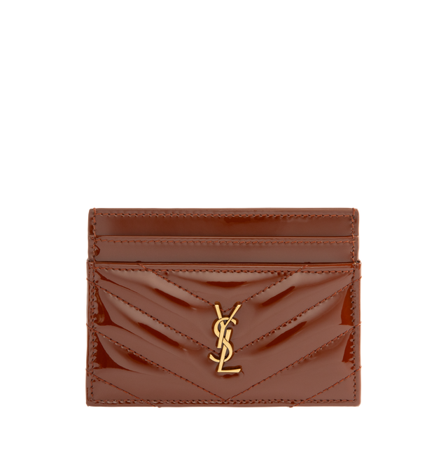 Image 1 of 3 - RED - Saint Laurent Women's Cassandre Card Case is crafted from glazed brown patent calfskin leather and features quilted topstitching, bronze-tone Cassandre hardware, and five card slots. Main Material: Calfskin Leather. Hardware: Brass. Dimensions: 10.5 x 7.5 x 0.5 cm / 4.1 x 3 x 0.2 in. Made in Italy. 