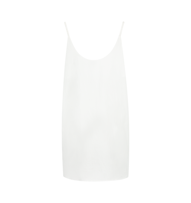 Image 2 of 2 - WHITE - Deiji Studios elevated everyday dress features a flattering curved v neckline with functional drawcord tie, fine ruched straps, curved backline and a relaxed gathered skirt in a short length. Made from 100% organic cotton poplin. 