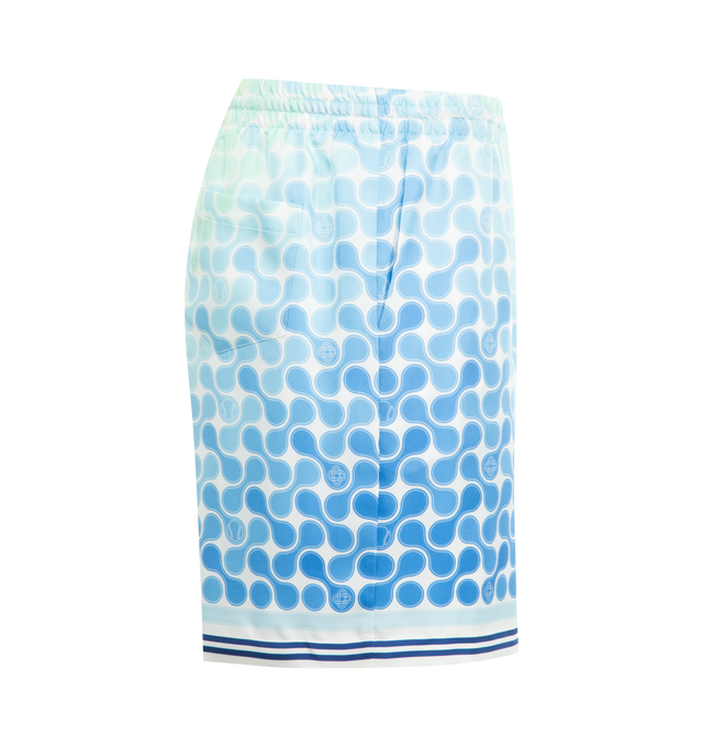 Image 3 of 3 - BLUE - CASABLANCA Tennis Tile Silk Shorts featuring print throughout, drawstring waistband, side on-seam pockets and back patch pocket. 100% silk. Made in Italy. 