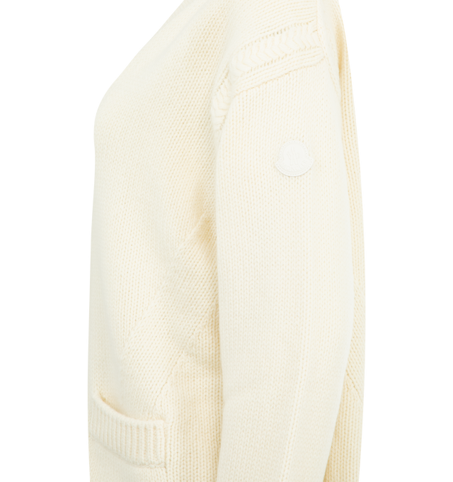 Image 3 of 3 - WHITE - MONCLER Wool & Cashmere V-Neck Cardigan featuring a wool and cashmere blend, stockinette stitch and cable knit, gauge 5, v-neck, snap button closure, front pockets and leather logo patch. 90% virgin wool, 10% cashmere. Made in Italy. 