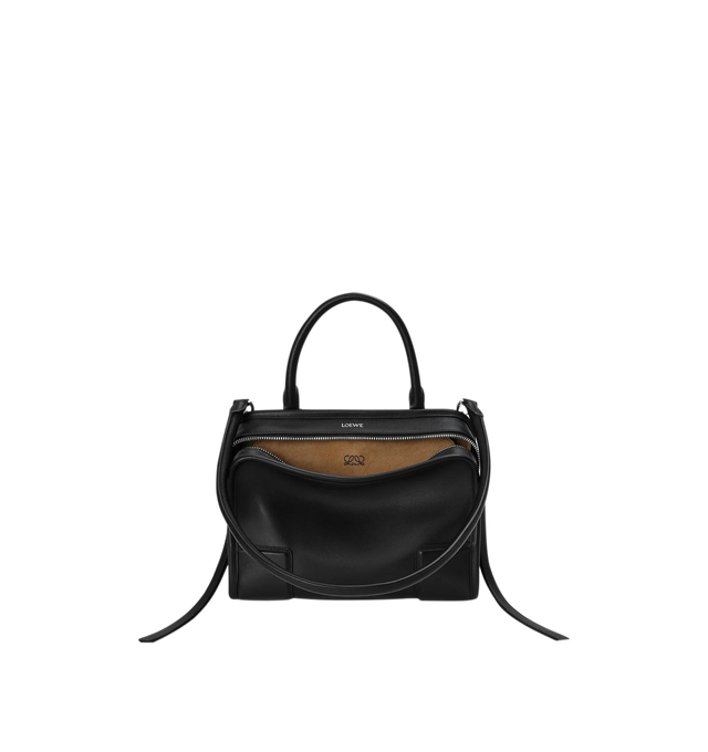 Image 5 of 16 - BLACK - Loewe Small Amazona 180 Bag in leather features a relaxed silhouette anchored by a single toron top handle, designed to be carried open, while a concealed closure secures the main compartment, three carry options: short handle, removable shoulder strap and crossbody, zip closure with two leather zip pullers, two compartments, main compartment closed with magnetic closure, internal flat pocket, left side d-ring for customization, nappa lambskin lining, and embossed double L branding.  