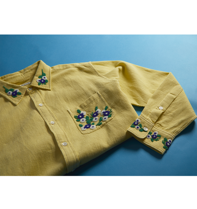 Image 4 of 4 - YELLOW - BODE Beaded Chicory Shirt featuring beaded floral pattern on the collar and the front pockets and button front closure. 100% cotton. Made in India. 