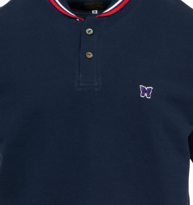 Image 3 of 3 - NAVY - NEEDLES Shawl Collar Polo featuring rib knit shawl collar and cuffs, two-button placket, embroidered logo patch at chest, vented side seams and mother-of-pearl hardware. 100% cotton. Made in Japan. 