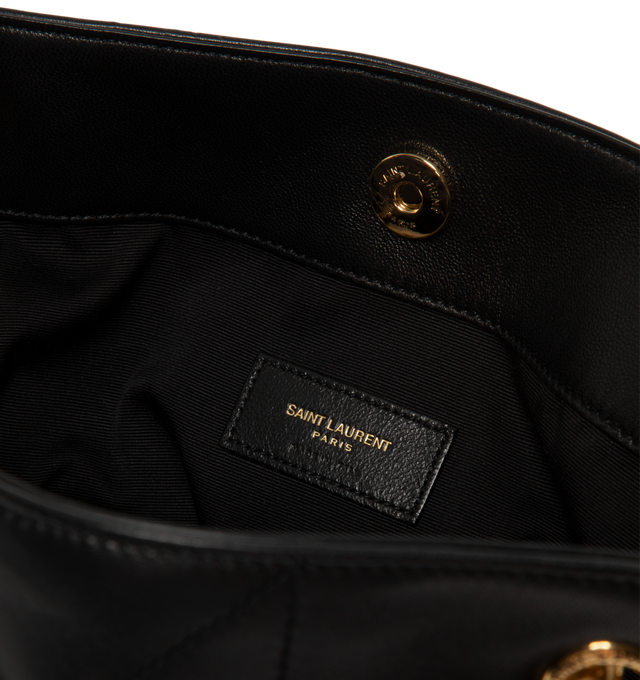 Image 3 of 3 - BLACK - Saint Laurent Women's Jamie Leather Shoulder Pouch is crafted from lambskin leather and features the signature leather-covered Cassandre logo with Carr Rive Gauche topstitching, a chain shoulder strap for crossbody wear, adjustable drawstring sides, a magnetic snap closure, bronze-tone hardware, a leather-lined interior, and one card slot. This designer leather shoulder bag combines soft structure with versatile styling for effortless day-to-evening wear. Main Material: Lambskin Leath 