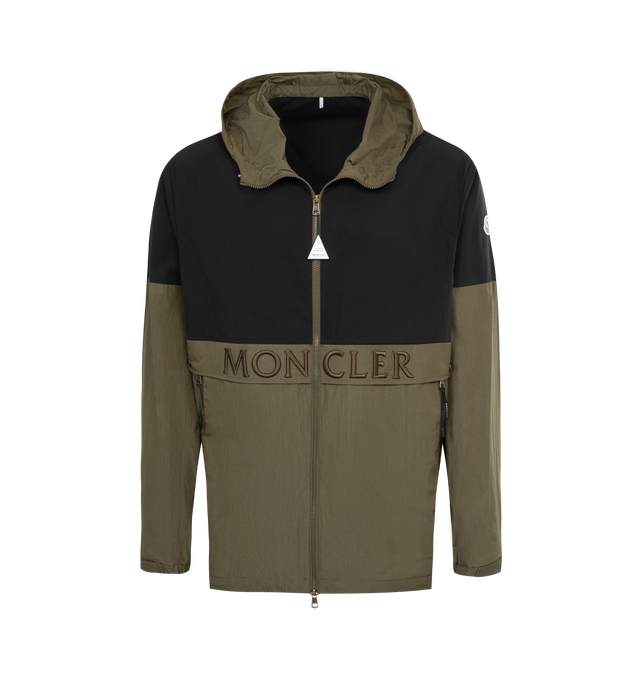 Image 1 of 3 - GREEN - MONCLER Joly Jacket featuring crinkled nylon, hood, contrast color yoke and sleeves, zipper closure, snap button closure, zipped pockets, adjustable cuffs and hem and embroidered logo lettering. 100% polyamide/nylon. 